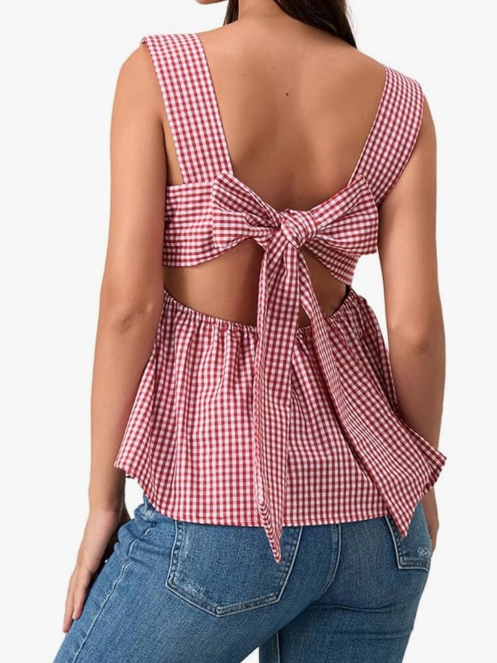 Gingham Tie-Back Sleeveless Top - Red